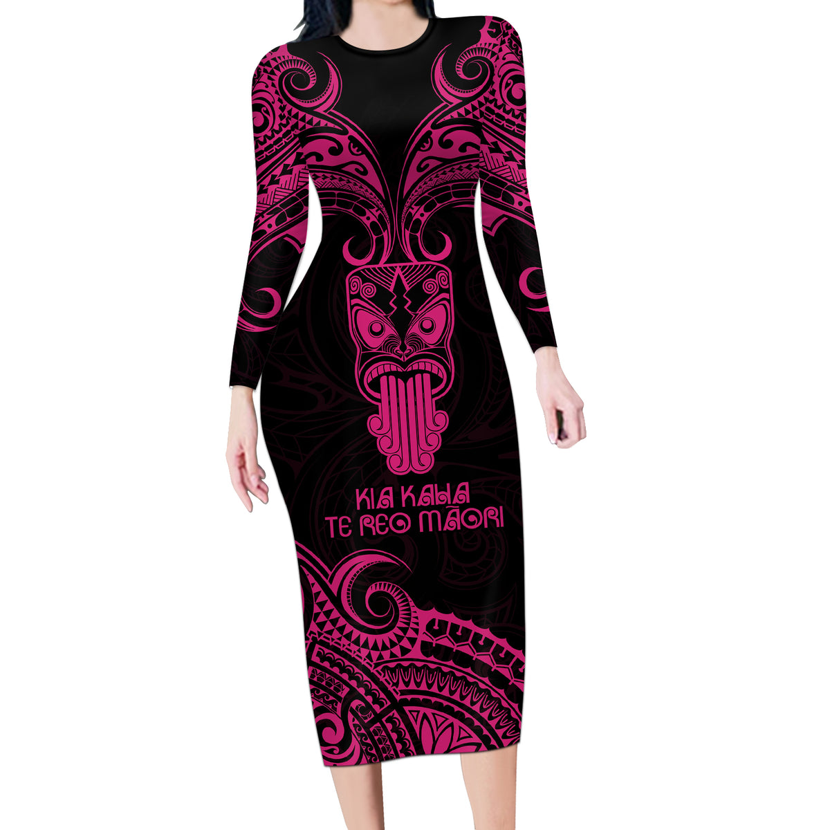 Personalised New Zealand Te Reo Maori Long Sleeve Bodycon Dress Kia Kaha Maori Language Week Pink Style - Wonder Print Shop