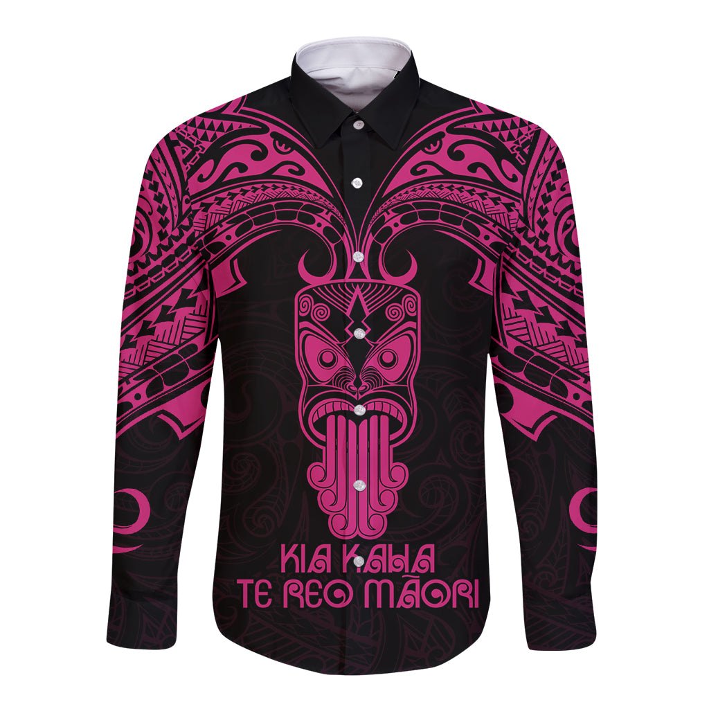 Personalised New Zealand Te Reo Maori Long Sleeve Button Shirt Kia Kaha Maori Language Week Pink Style - Wonder Print Shop