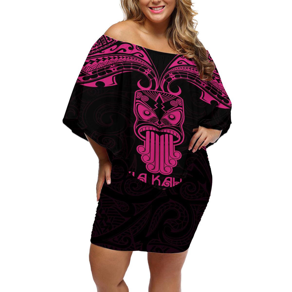Personalised New Zealand Te Reo Maori Off Shoulder Short Dress Kia Kaha Maori Language Week Pink Style - Wonder Print Shop