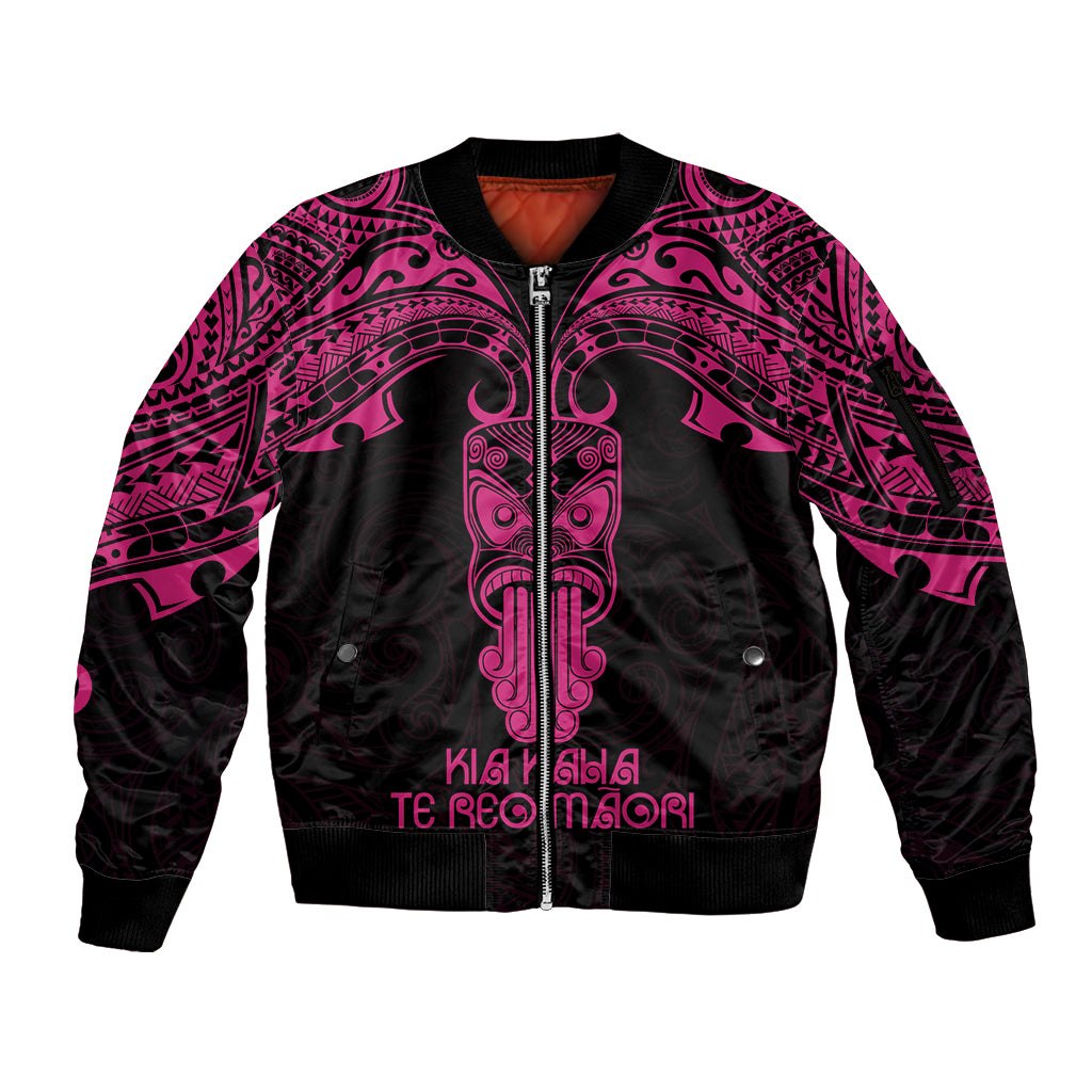Personalised New Zealand Te Reo Maori Sleeve Zip Bomber Jacket Kia Kaha Maori Language Week Pink Style - Wonder Print Shop