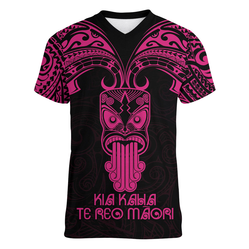 Personalised New Zealand Te Reo Maori Women V Neck T Shirt Kia Kaha Maori Language Week Pink Style - Wonder Print Shop
