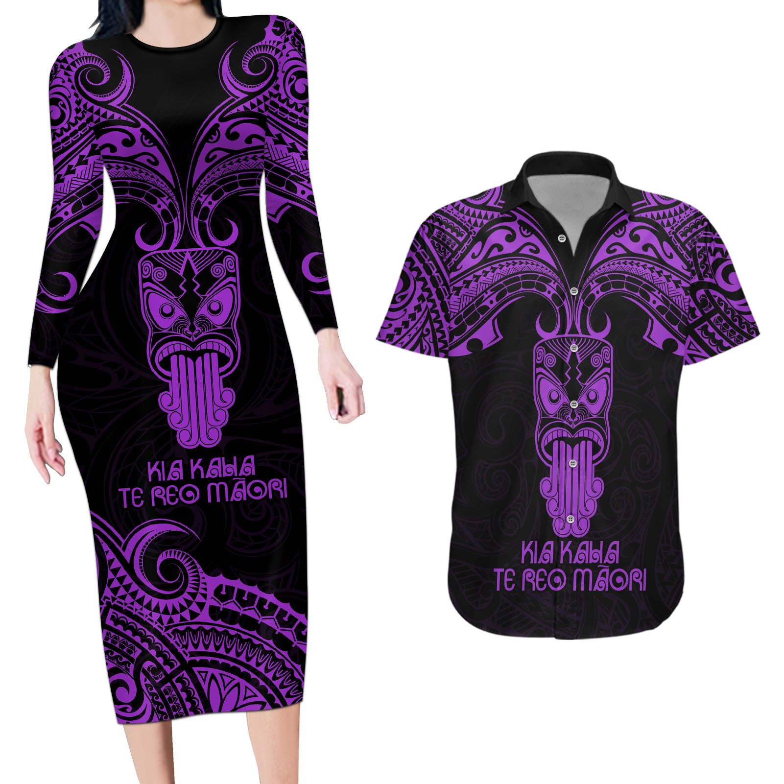 Personalised New Zealand Te Reo Maori Couples Matching Long Sleeve Bodycon Dress and Hawaiian Shirt Kia Kaha Maori Language Week Purple Style LT9 - Wonder Print Shop