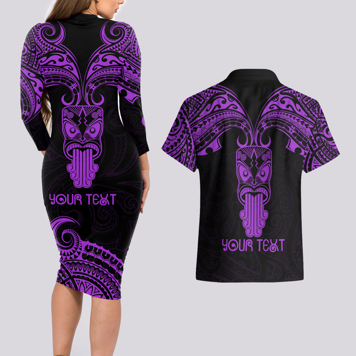 Personalised New Zealand Te Reo Maori Couples Matching Long Sleeve Bodycon Dress and Hawaiian Shirt Kia Kaha Maori Language Week Purple Style LT9 - Wonder Print Shop