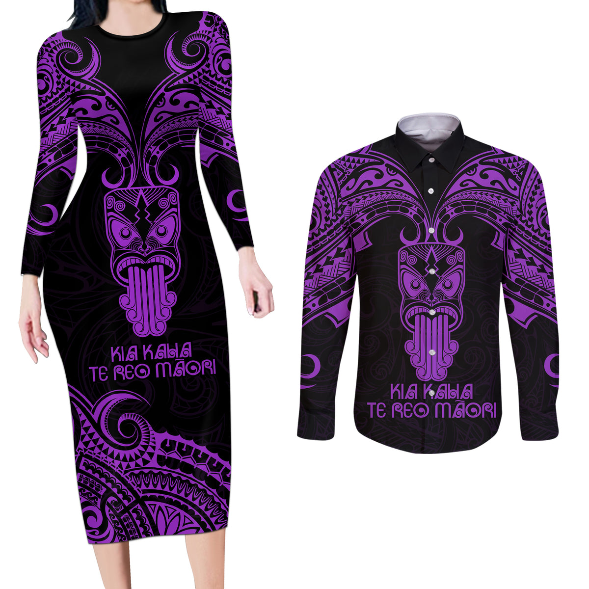 Personalised New Zealand Te Reo Maori Couples Matching Long Sleeve Bodycon Dress and Long Sleeve Button Shirts Kia Kaha Maori Language Week Purple Style LT9 - Wonder Print Shop