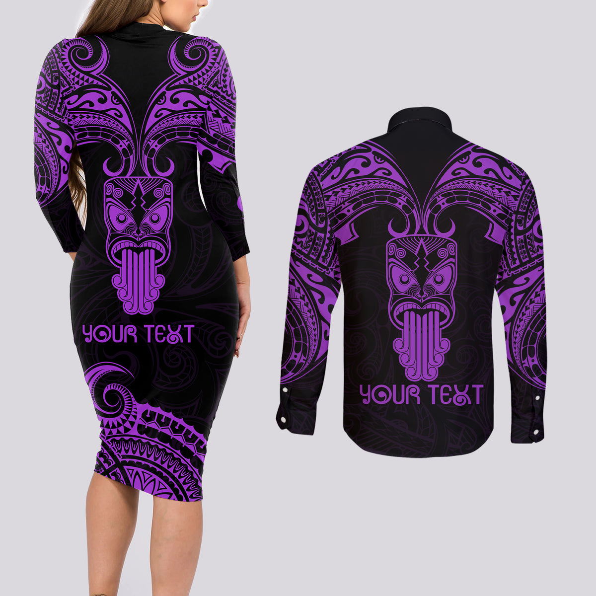 Personalised New Zealand Te Reo Maori Couples Matching Long Sleeve Bodycon Dress and Long Sleeve Button Shirts Kia Kaha Maori Language Week Purple Style LT9 - Wonder Print Shop