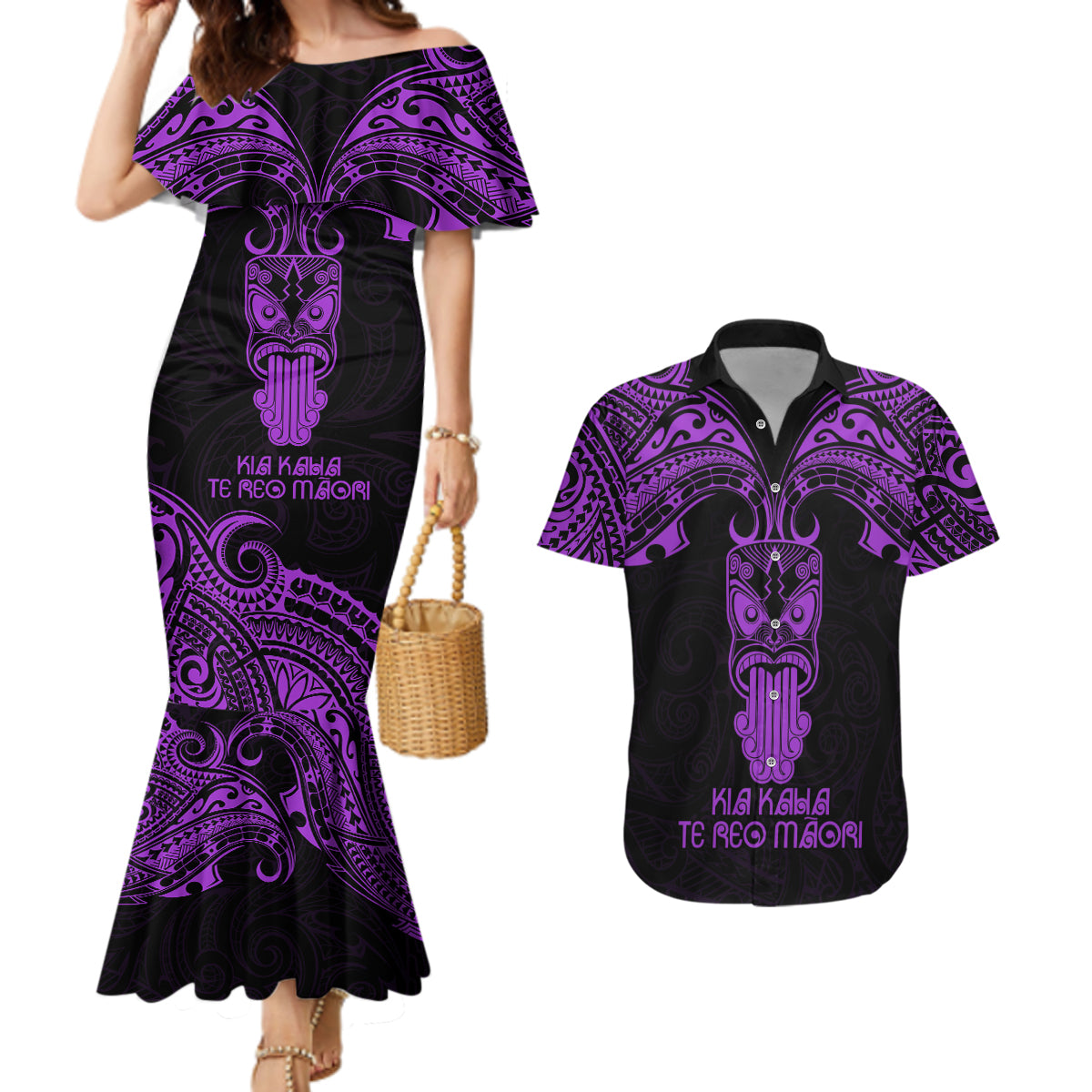 Personalised New Zealand Te Reo Maori Couples Matching Mermaid Dress and Hawaiian Shirt Kia Kaha Maori Language Week Purple Style LT9 - Wonder Print Shop