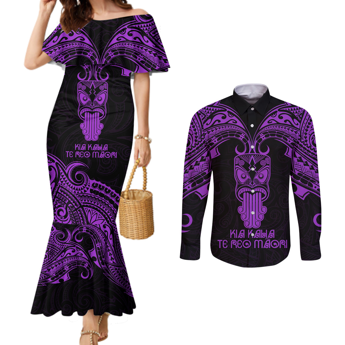 Personalised New Zealand Te Reo Maori Couples Matching Mermaid Dress and Long Sleeve Button Shirts Kia Kaha Maori Language Week Purple Style LT9
