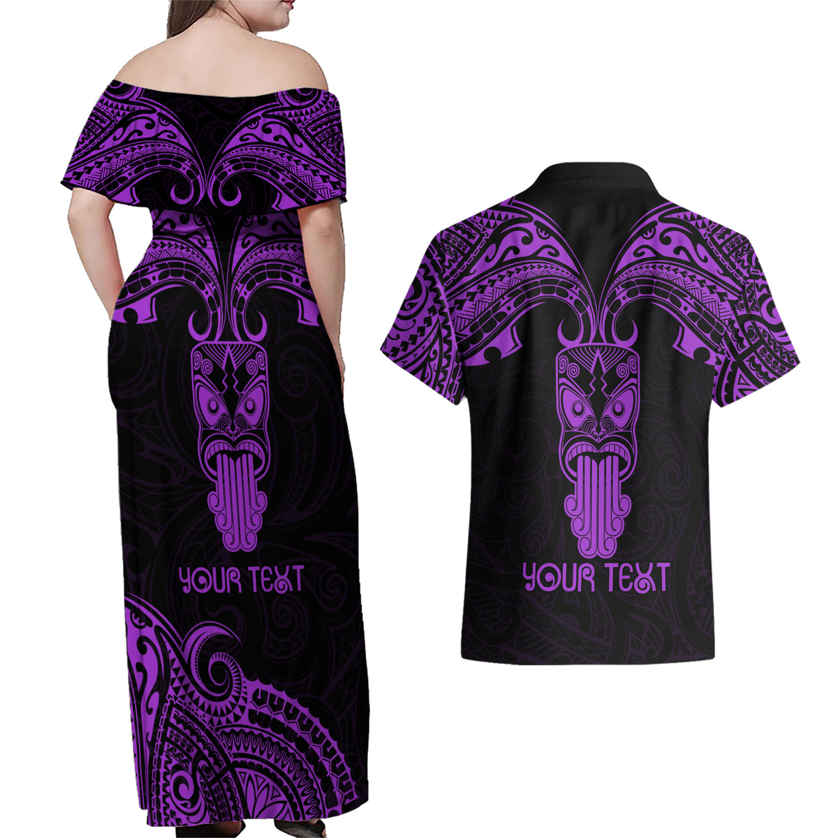 Personalised New Zealand Te Reo Maori Couples Matching Off Shoulder Maxi Dress and Hawaiian Shirt Kia Kaha Maori Language Week Purple Style LT9 - Wonder Print Shop