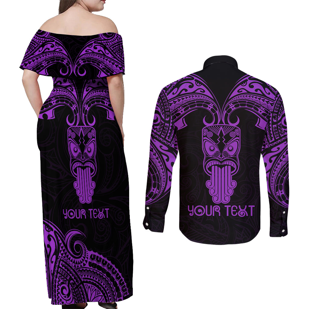 Personalised New Zealand Te Reo Maori Couples Matching Off Shoulder Maxi Dress and Long Sleeve Button Shirts Kia Kaha Maori Language Week Purple Style LT9 - Wonder Print Shop