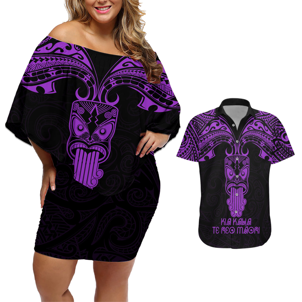 Personalised New Zealand Te Reo Maori Couples Matching Off Shoulder Short Dress and Hawaiian Shirt Kia Kaha Maori Language Week Purple Style LT9 - Wonder Print Shop