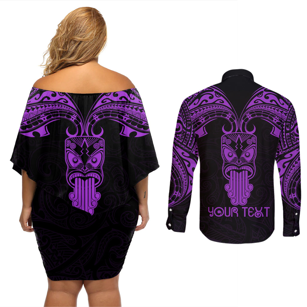 Personalised New Zealand Te Reo Maori Couples Matching Off Shoulder Short Dress and Long Sleeve Button Shirts Kia Kaha Maori Language Week Purple Style LT9 - Wonder Print Shop