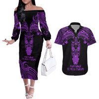 Personalised New Zealand Te Reo Maori Couples Matching Off The Shoulder Long Sleeve Dress and Hawaiian Shirt Kia Kaha Maori Language Week Purple Style LT9 - Wonder Print Shop