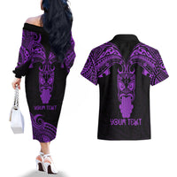 Personalised New Zealand Te Reo Maori Couples Matching Off The Shoulder Long Sleeve Dress and Hawaiian Shirt Kia Kaha Maori Language Week Purple Style LT9 - Wonder Print Shop