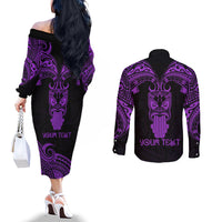 Personalised New Zealand Te Reo Maori Couples Matching Off The Shoulder Long Sleeve Dress and Long Sleeve Button Shirts Kia Kaha Maori Language Week Purple Style LT9