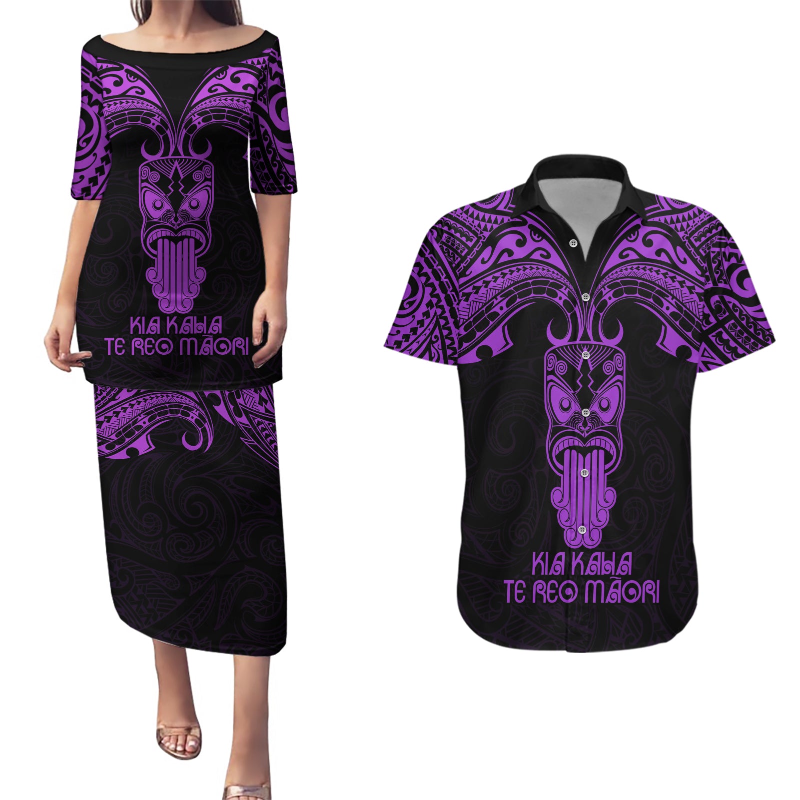 Personalised New Zealand Te Reo Maori Couples Matching Puletasi Dress and Hawaiian Shirt Kia Kaha Maori Language Week Purple Style LT9 - Wonder Print Shop
