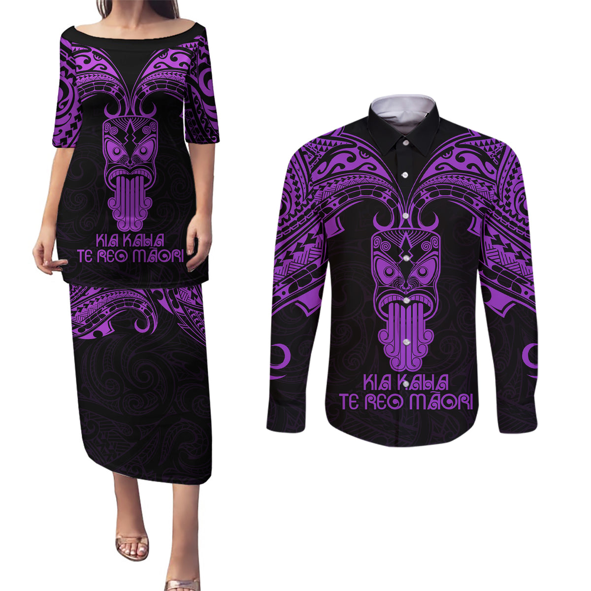 Personalised New Zealand Te Reo Maori Couples Matching Puletasi Dress and Long Sleeve Button Shirts Kia Kaha Maori Language Week Purple Style LT9 - Wonder Print Shop