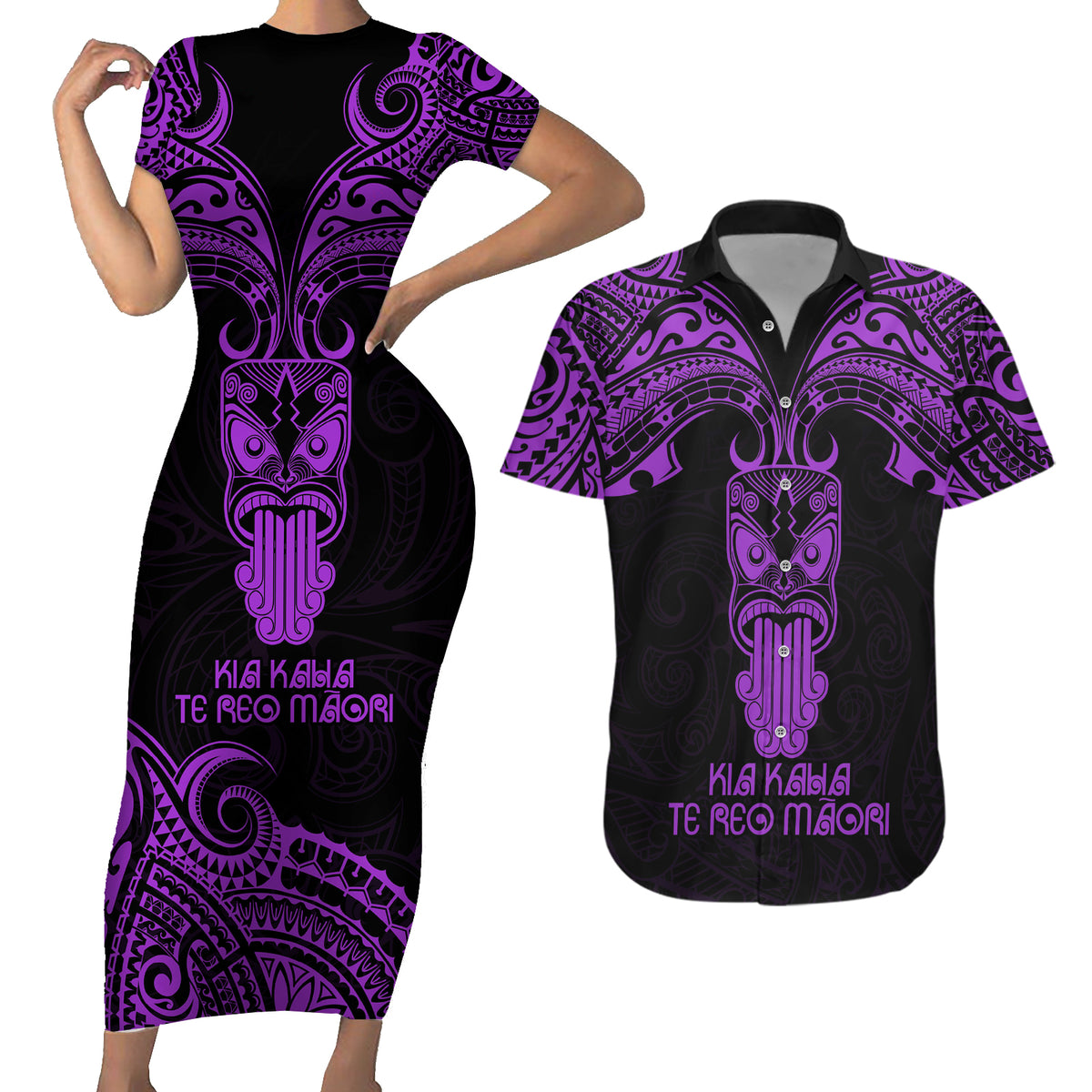 Personalised New Zealand Te Reo Maori Couples Matching Short Sleeve Bodycon Dress and Hawaiian Shirt Kia Kaha Maori Language Week Purple Style LT9 - Wonder Print Shop