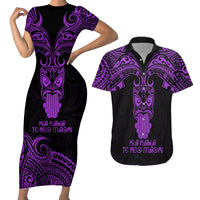 Personalised New Zealand Te Reo Maori Couples Matching Short Sleeve Bodycon Dress and Hawaiian Shirt Kia Kaha Maori Language Week Purple Style LT9 - Wonder Print Shop