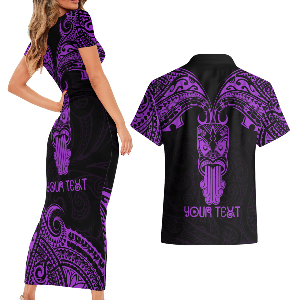 Personalised New Zealand Te Reo Maori Couples Matching Short Sleeve Bodycon Dress and Hawaiian Shirt Kia Kaha Maori Language Week Purple Style LT9 - Wonder Print Shop