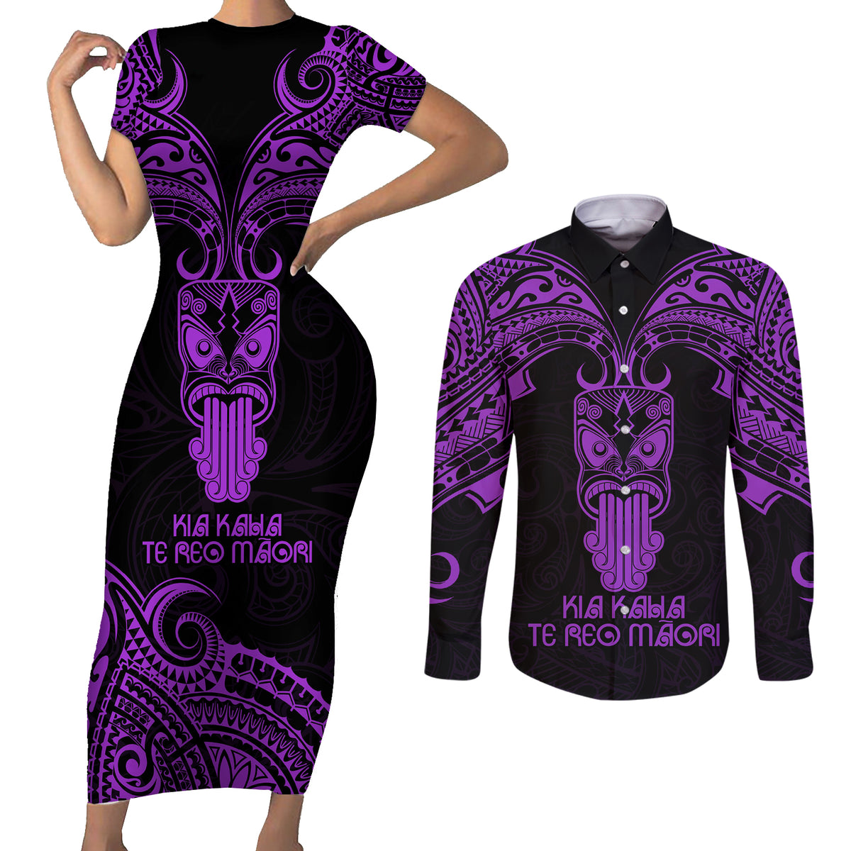 Personalised New Zealand Te Reo Maori Couples Matching Short Sleeve Bodycon Dress and Long Sleeve Button Shirts Kia Kaha Maori Language Week Purple Style LT9 - Wonder Print Shop