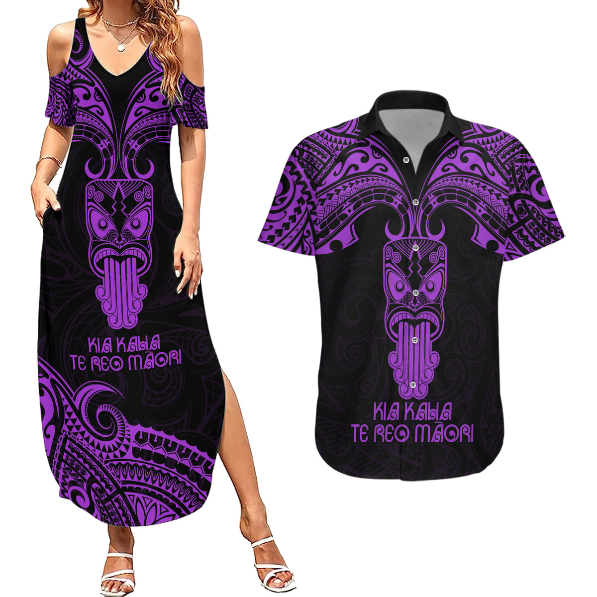 Personalised New Zealand Te Reo Maori Couples Matching Summer Maxi Dress and Hawaiian Shirt Kia Kaha Maori Language Week Purple Style LT9 - Wonder Print Shop