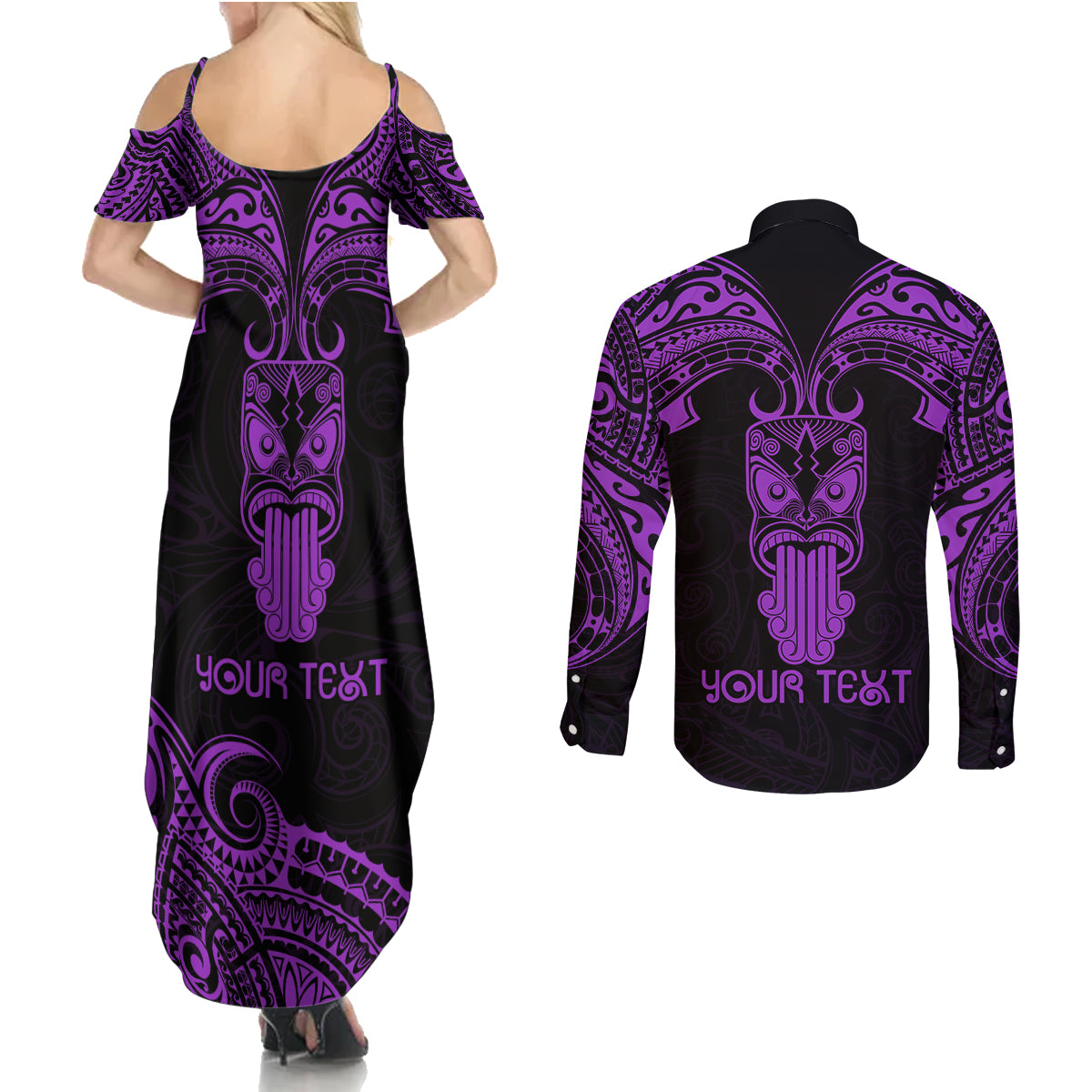 Personalised New Zealand Te Reo Maori Couples Matching Summer Maxi Dress and Long Sleeve Button Shirts Kia Kaha Maori Language Week Purple Style LT9 - Wonder Print Shop