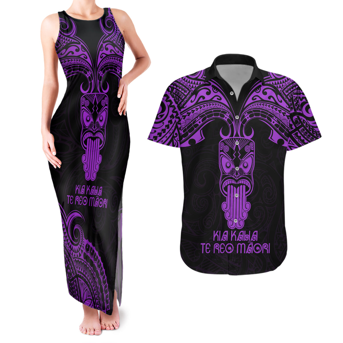 Personalised New Zealand Te Reo Maori Couples Matching Tank Maxi Dress and Hawaiian Shirt Kia Kaha Maori Language Week Purple Style LT9 - Wonder Print Shop