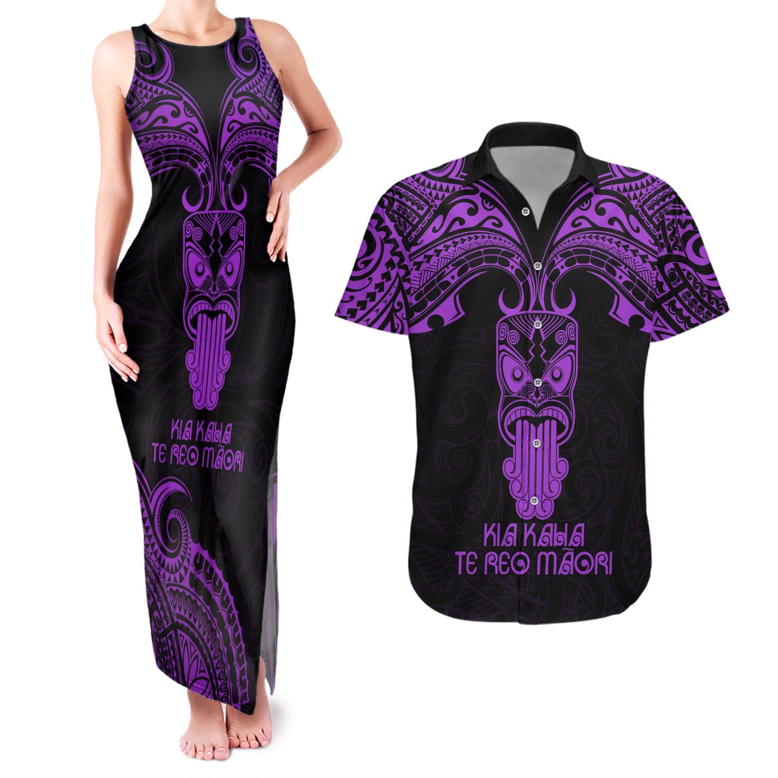 Personalised New Zealand Te Reo Maori Couples Matching Tank Maxi Dress and Hawaiian Shirt Kia Kaha Maori Language Week Purple Style LT9 - Wonder Print Shop