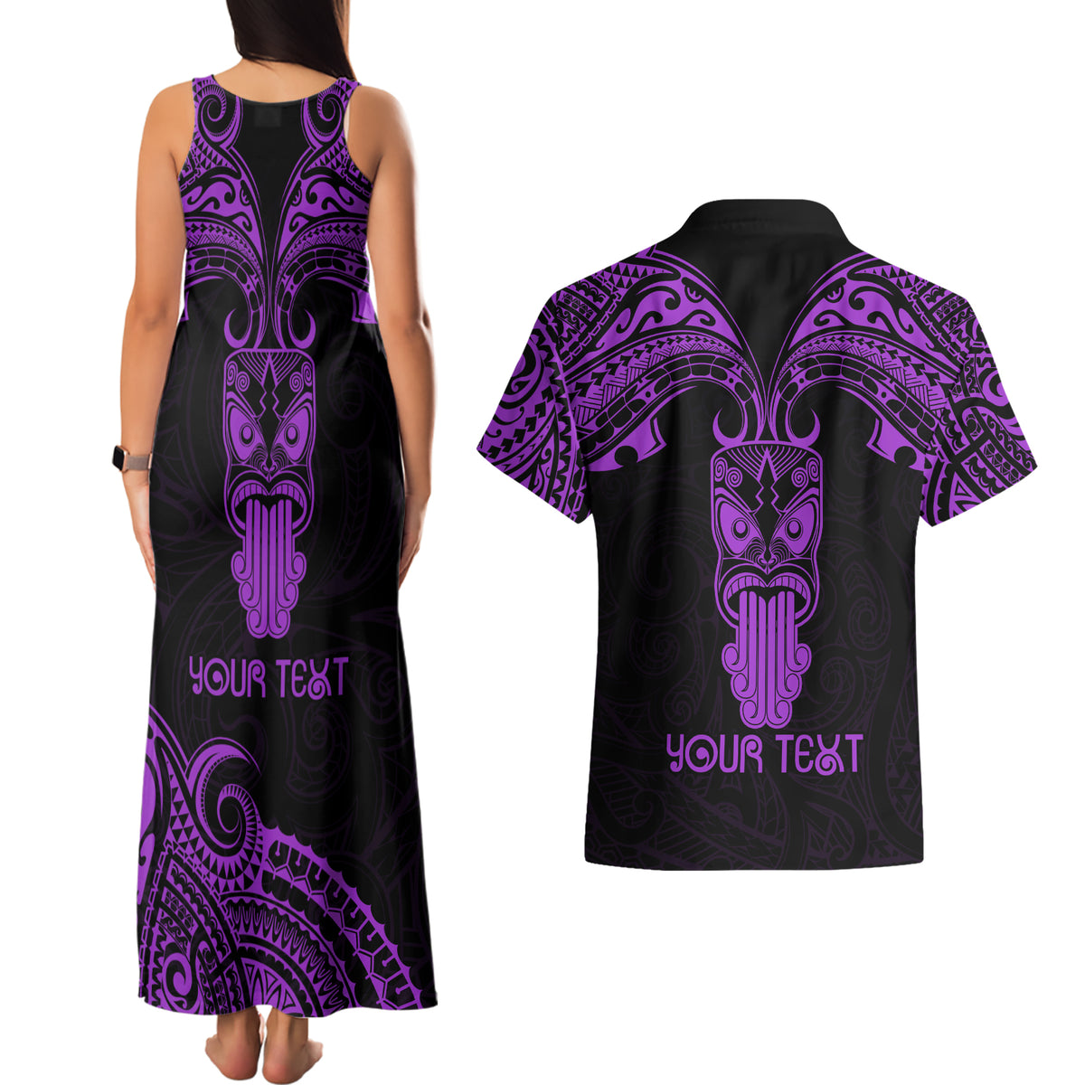Personalised New Zealand Te Reo Maori Couples Matching Tank Maxi Dress and Hawaiian Shirt Kia Kaha Maori Language Week Purple Style LT9 - Wonder Print Shop