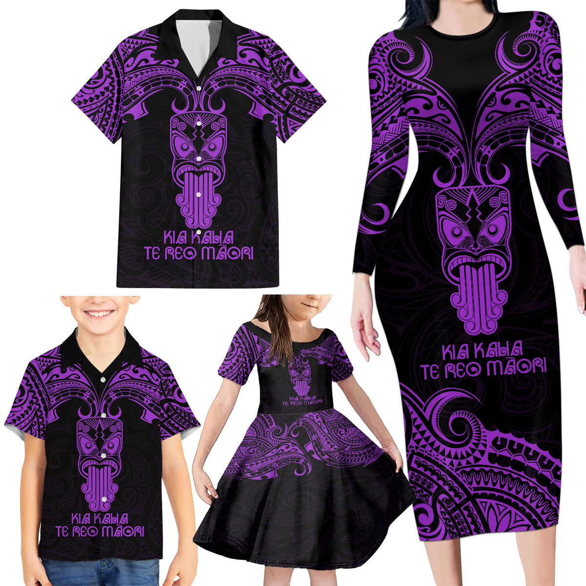 Personalised New Zealand Te Reo Maori Family Matching Long Sleeve Bodycon Dress and Hawaiian Shirt Kia Kaha Maori Language Week Purple Style LT9 - Wonder Print Shop