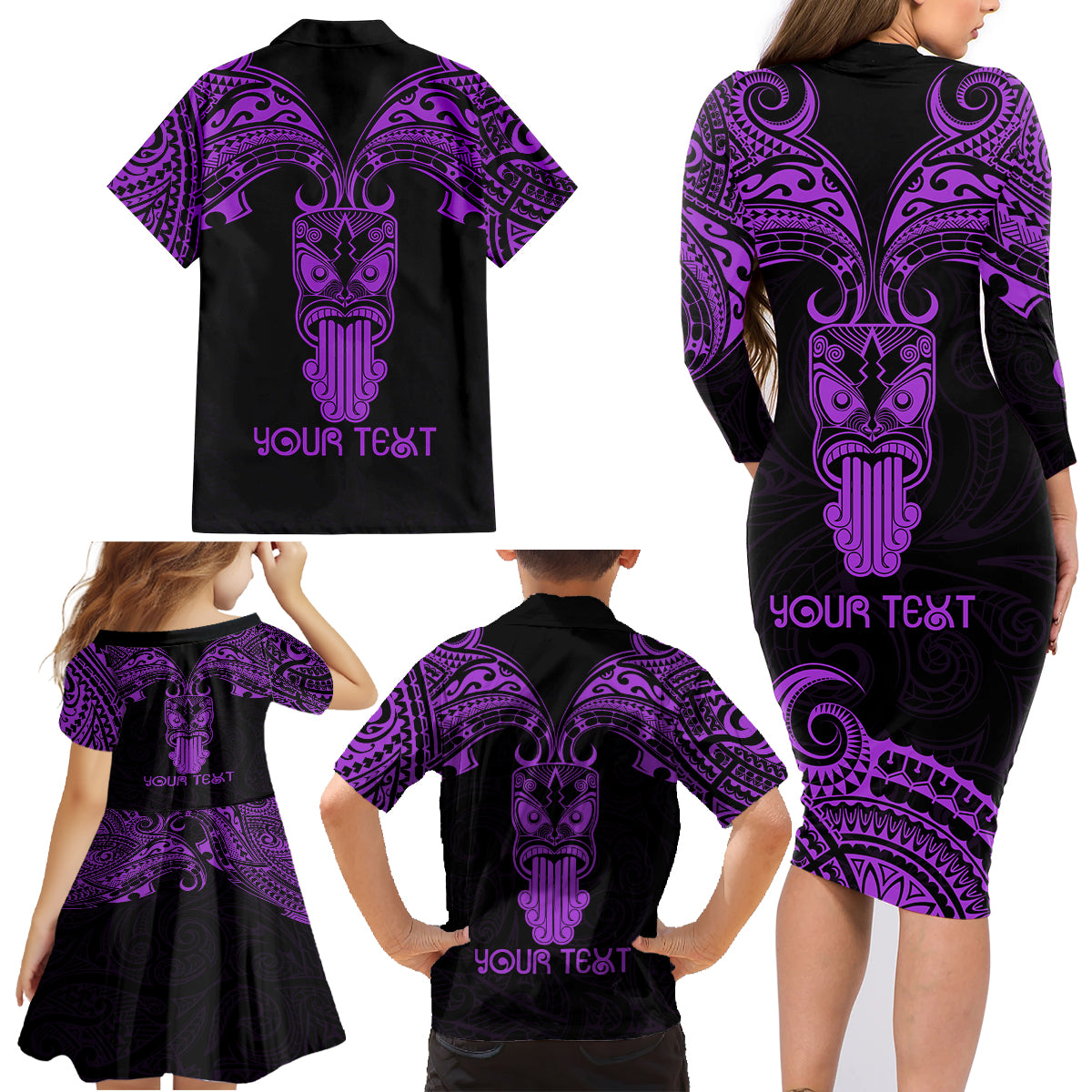 Personalised New Zealand Te Reo Maori Family Matching Long Sleeve Bodycon Dress and Hawaiian Shirt Kia Kaha Maori Language Week Purple Style LT9 - Wonder Print Shop
