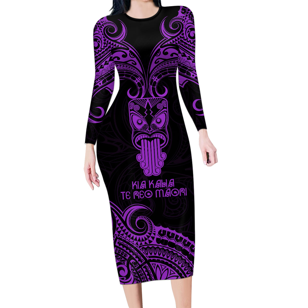 Personalised New Zealand Te Reo Maori Family Matching Long Sleeve Bodycon Dress and Hawaiian Shirt Kia Kaha Maori Language Week Purple Style LT9 - Wonder Print Shop