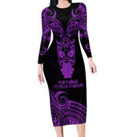 Personalised New Zealand Te Reo Maori Family Matching Long Sleeve Bodycon Dress and Hawaiian Shirt Kia Kaha Maori Language Week Purple Style LT9 - Wonder Print Shop