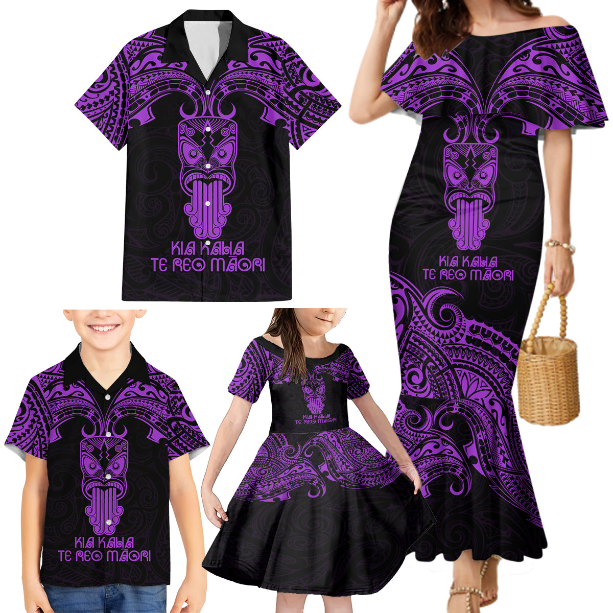 Personalised New Zealand Te Reo Maori Family Matching Mermaid Dress and Hawaiian Shirt Kia Kaha Maori Language Week Purple Style LT9 - Wonder Print Shop