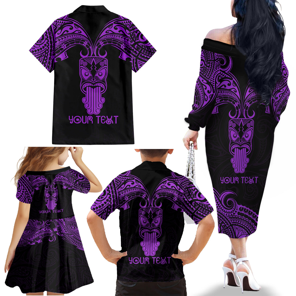 Personalised New Zealand Te Reo Maori Family Matching Off Shoulder Long Sleeve Dress and Hawaiian Shirt Kia Kaha Maori Language Week Purple Style - Wonder Print Shop