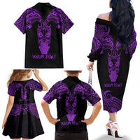Personalised New Zealand Te Reo Maori Family Matching Off Shoulder Long Sleeve Dress and Hawaiian Shirt Kia Kaha Maori Language Week Purple Style - Wonder Print Shop