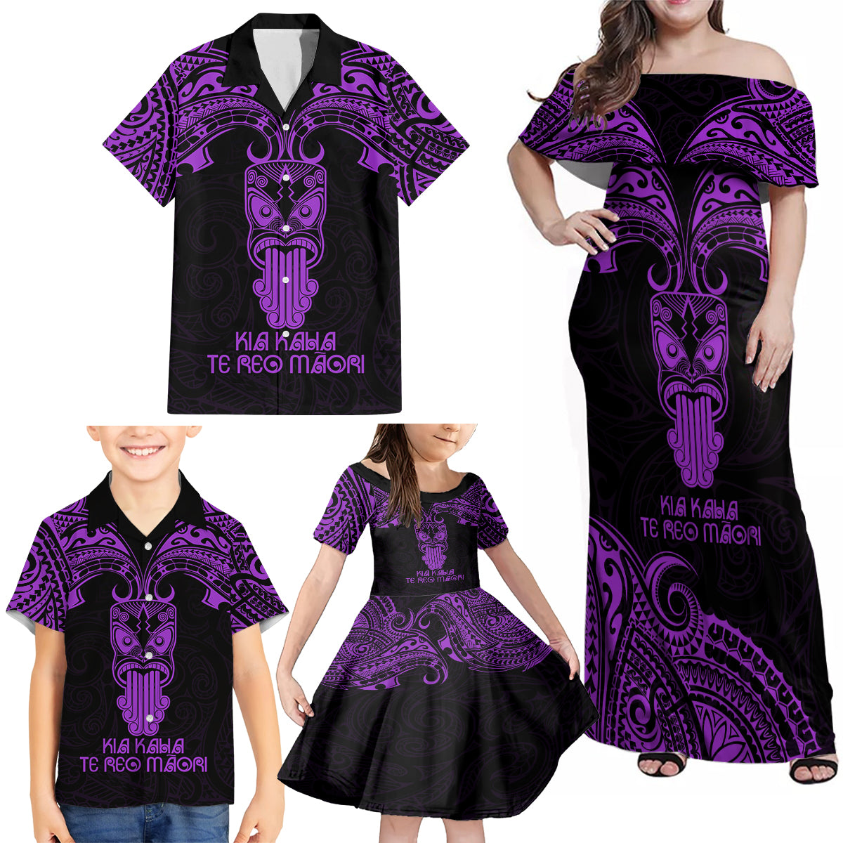Personalised New Zealand Te Reo Maori Family Matching Off Shoulder Maxi Dress and Hawaiian Shirt Kia Kaha Maori Language Week Purple Style LT9 - Wonder Print Shop