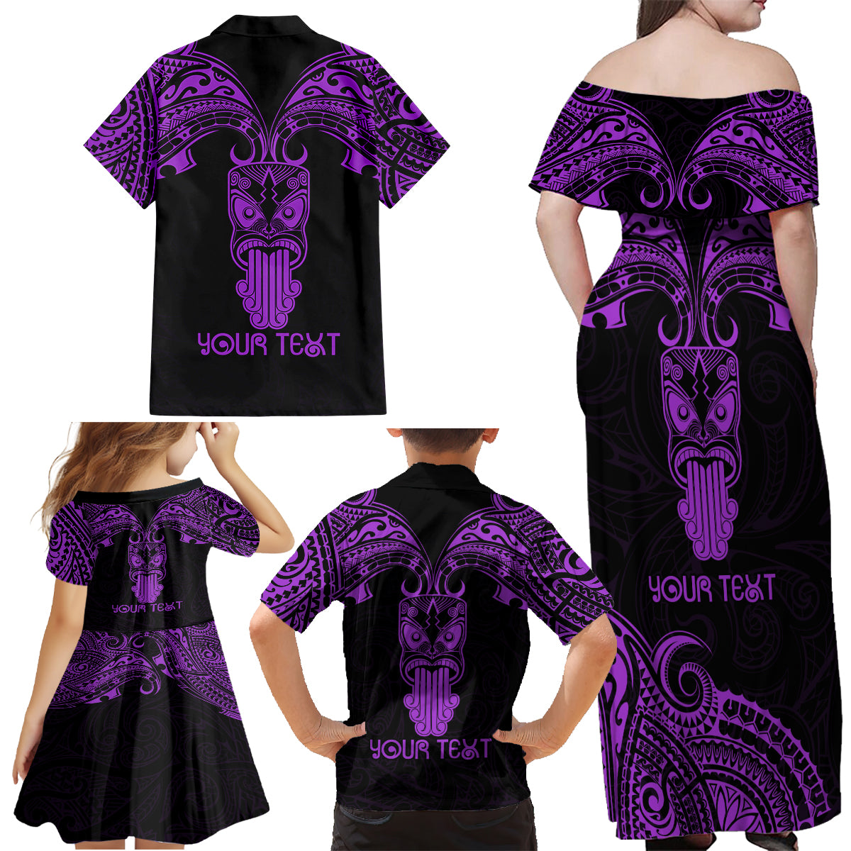 Personalised New Zealand Te Reo Maori Family Matching Off Shoulder Maxi Dress and Hawaiian Shirt Kia Kaha Maori Language Week Purple Style LT9 - Wonder Print Shop