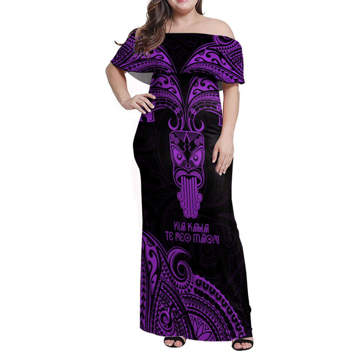 Personalised New Zealand Te Reo Maori Family Matching Off Shoulder Maxi Dress and Hawaiian Shirt Kia Kaha Maori Language Week Purple Style LT9 - Wonder Print Shop