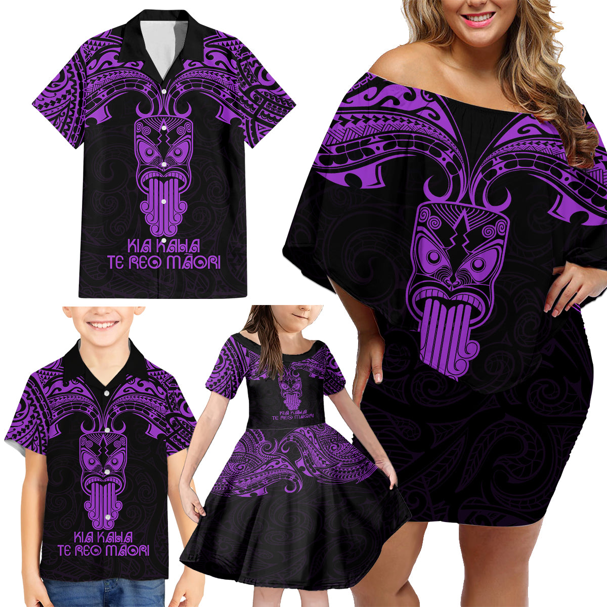 Personalised New Zealand Te Reo Maori Family Matching Off Shoulder Short Dress and Hawaiian Shirt Kia Kaha Maori Language Week Purple Style LT9 - Wonder Print Shop