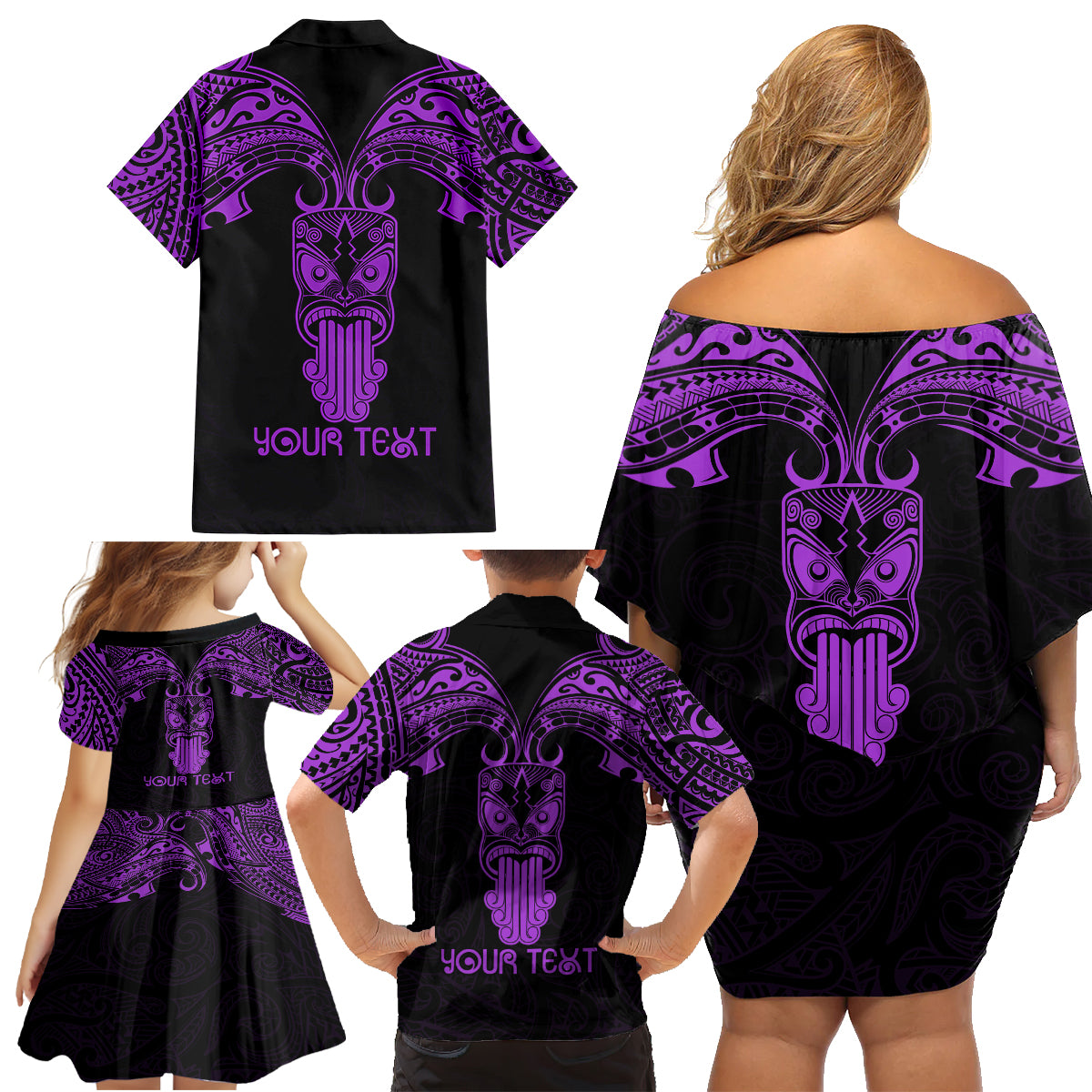 Personalised New Zealand Te Reo Maori Family Matching Off Shoulder Short Dress and Hawaiian Shirt Kia Kaha Maori Language Week Purple Style LT9 - Wonder Print Shop