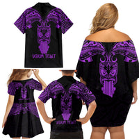 Personalised New Zealand Te Reo Maori Family Matching Off Shoulder Short Dress and Hawaiian Shirt Kia Kaha Maori Language Week Purple Style LT9 - Wonder Print Shop