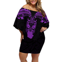 Personalised New Zealand Te Reo Maori Family Matching Off Shoulder Short Dress and Hawaiian Shirt Kia Kaha Maori Language Week Purple Style LT9 - Wonder Print Shop