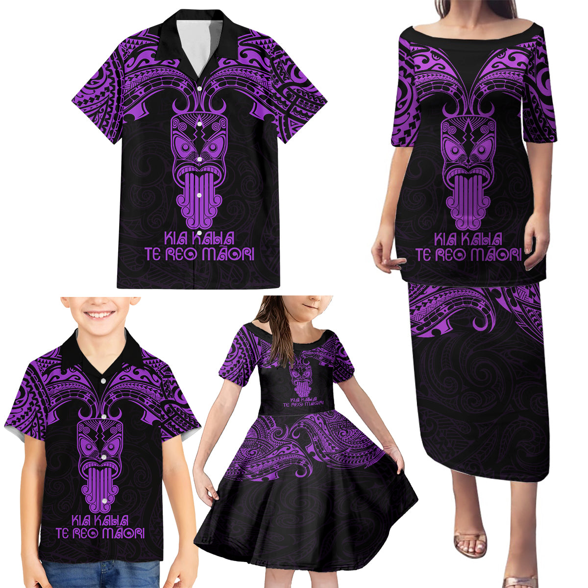 Personalised New Zealand Te Reo Maori Family Matching Puletasi Dress and Hawaiian Shirt Kia Kaha Maori Language Week Purple Style - Wonder Print Shop