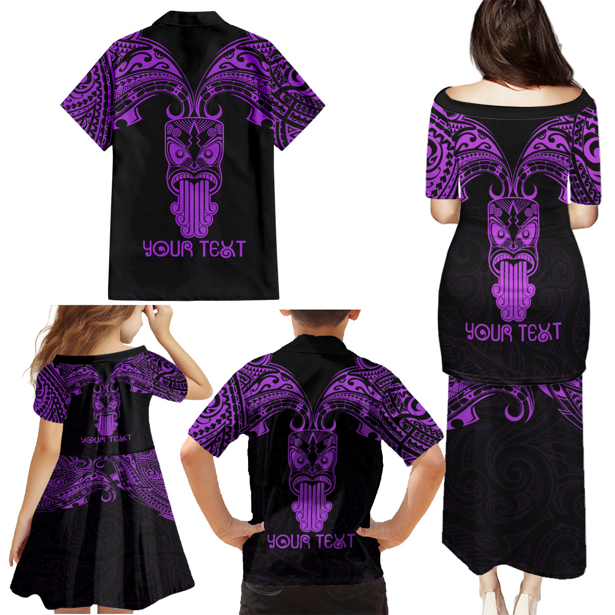 Personalised New Zealand Te Reo Maori Family Matching Puletasi Dress and Hawaiian Shirt Kia Kaha Maori Language Week Purple Style - Wonder Print Shop