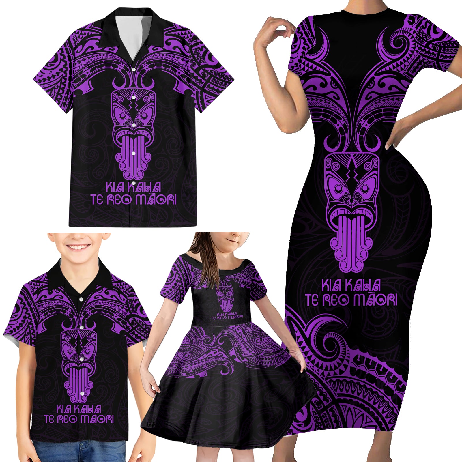 Personalised New Zealand Te Reo Maori Family Matching Short Sleeve Bodycon Dress and Hawaiian Shirt Kia Kaha Maori Language Week Purple Style - Wonder Print Shop