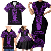 Personalised New Zealand Te Reo Maori Family Matching Short Sleeve Bodycon Dress and Hawaiian Shirt Kia Kaha Maori Language Week Purple Style - Wonder Print Shop