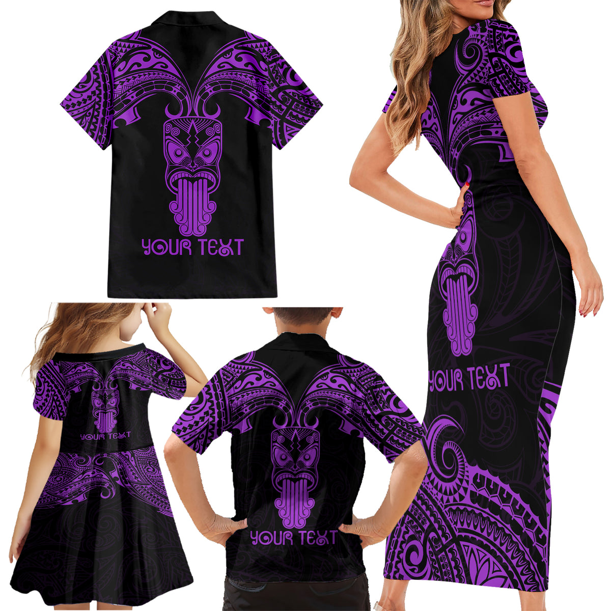 Personalised New Zealand Te Reo Maori Family Matching Short Sleeve Bodycon Dress and Hawaiian Shirt Kia Kaha Maori Language Week Purple Style - Wonder Print Shop