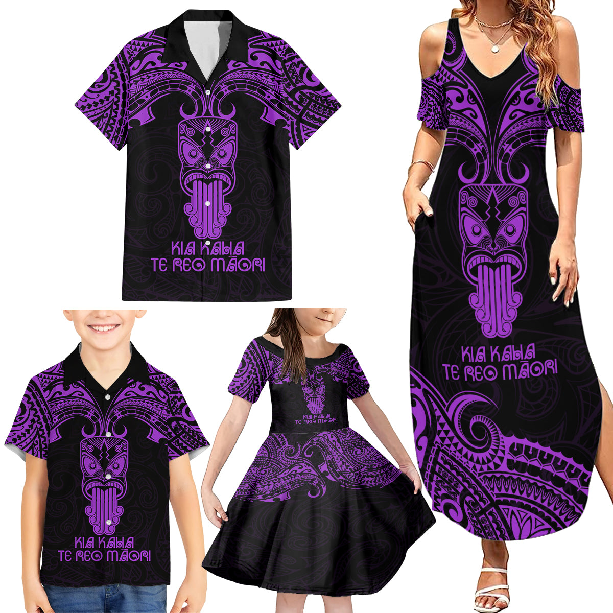 Personalised New Zealand Te Reo Maori Family Matching Summer Maxi Dress and Hawaiian Shirt Kia Kaha Maori Language Week Purple Style - Wonder Print Shop