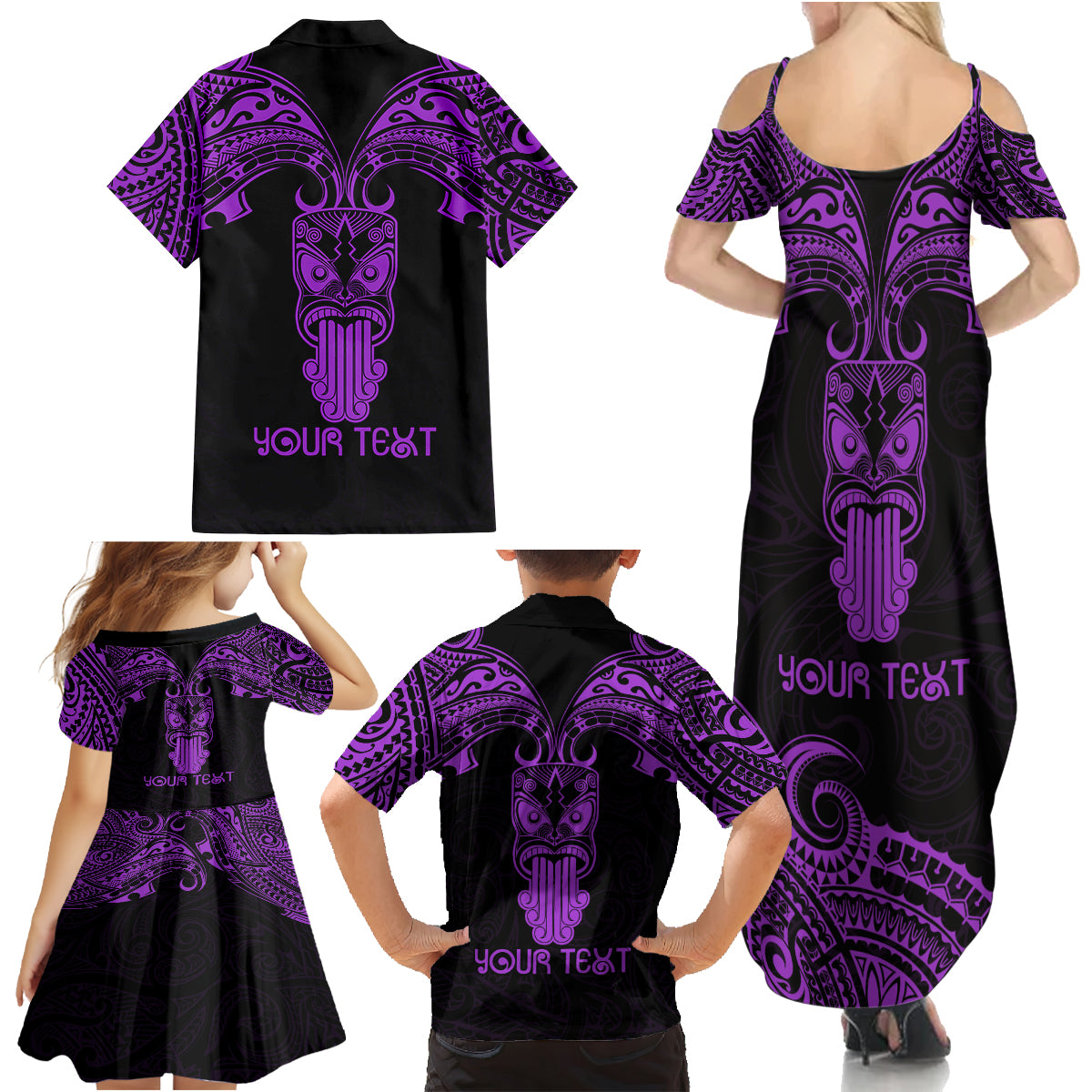Personalised New Zealand Te Reo Maori Family Matching Summer Maxi Dress and Hawaiian Shirt Kia Kaha Maori Language Week Purple Style - Wonder Print Shop
